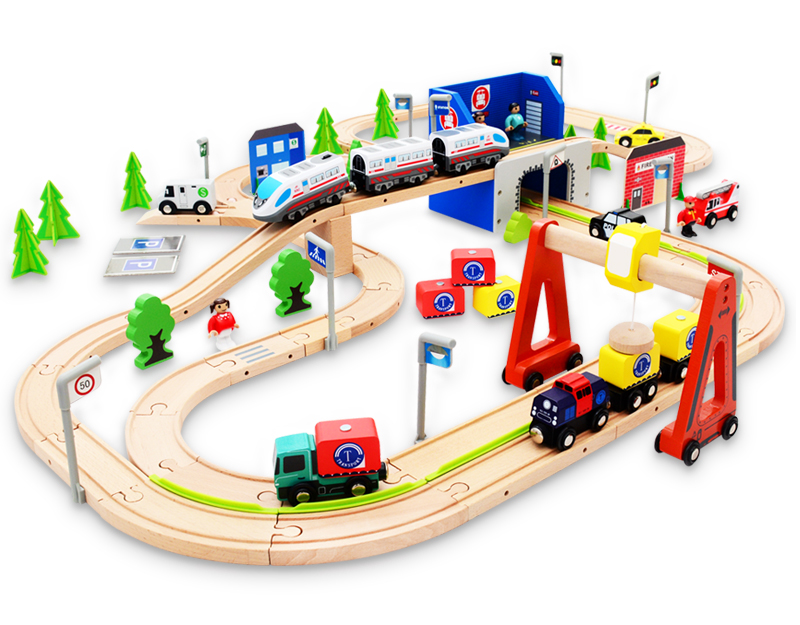 129pcs wooden railroad train set